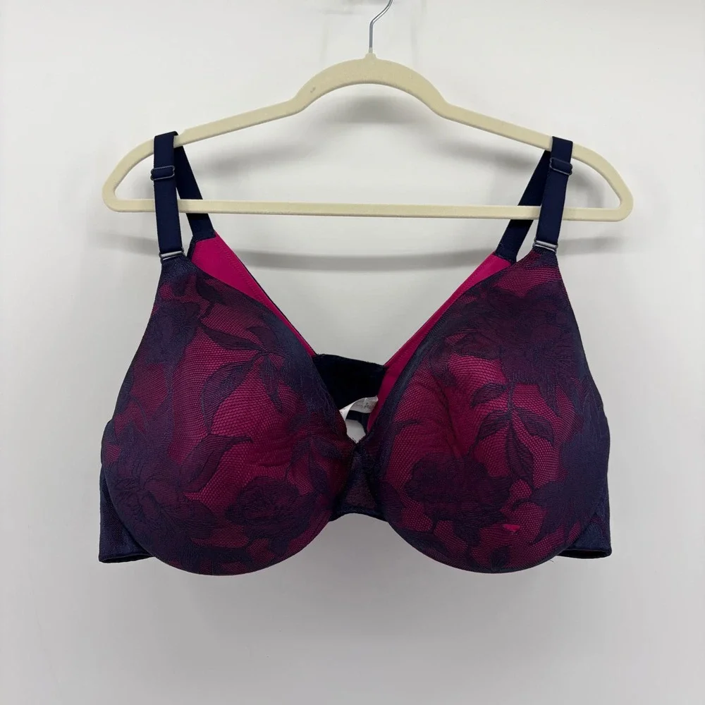 Cacique Womens 46D Navy Pink Bra Lightly Lined Full Coverage Floral‎ Lace Mesh